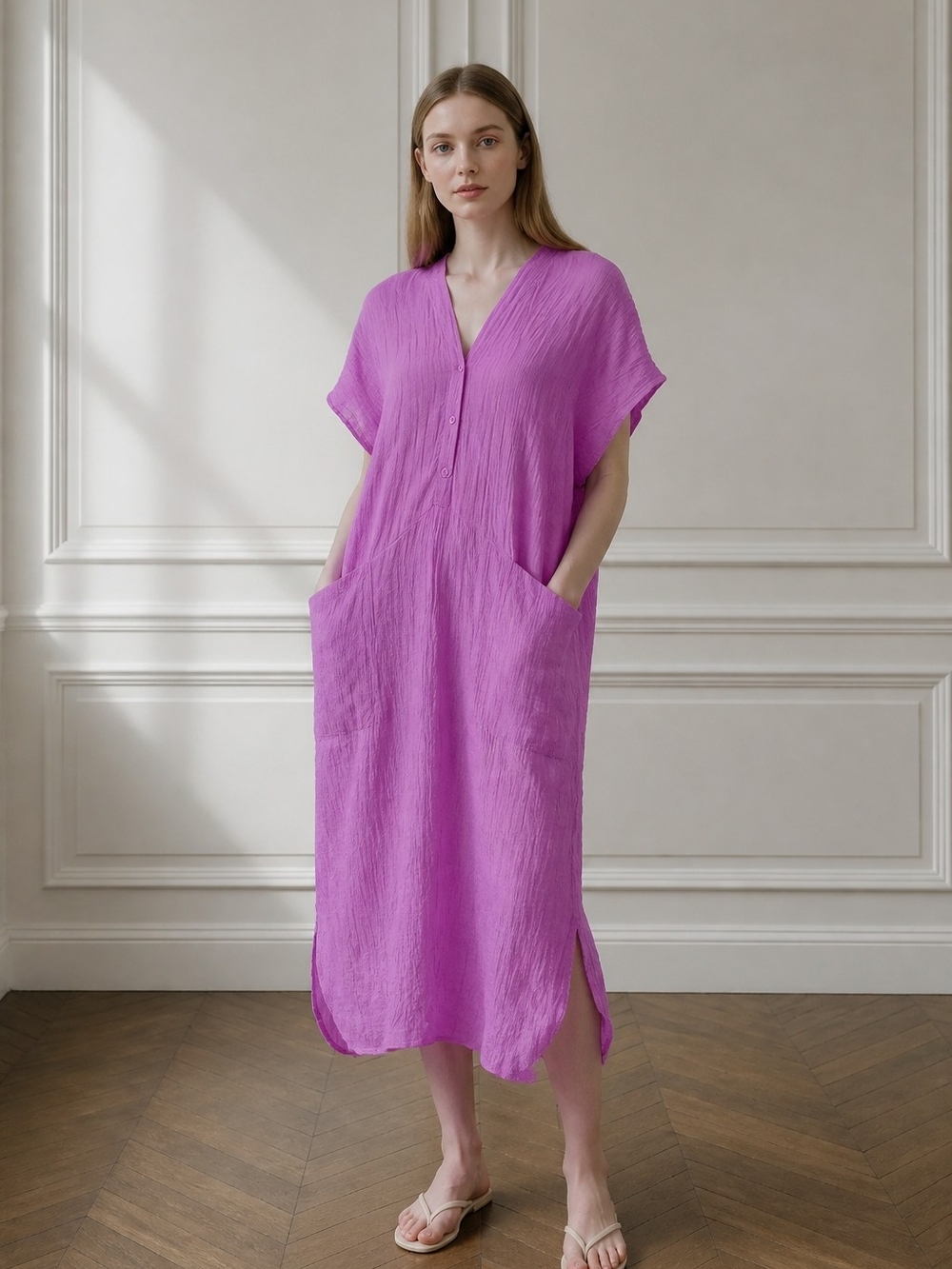 Zara Magenta Linen Textured V-Neck Midi Dress